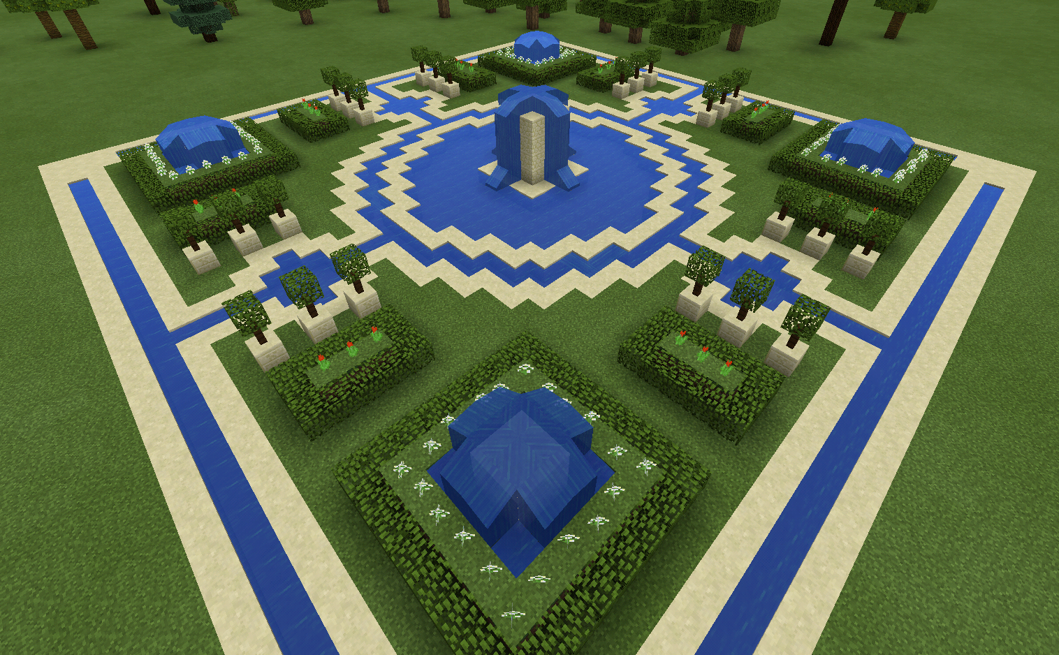 Jardin Minecraft spacieux.